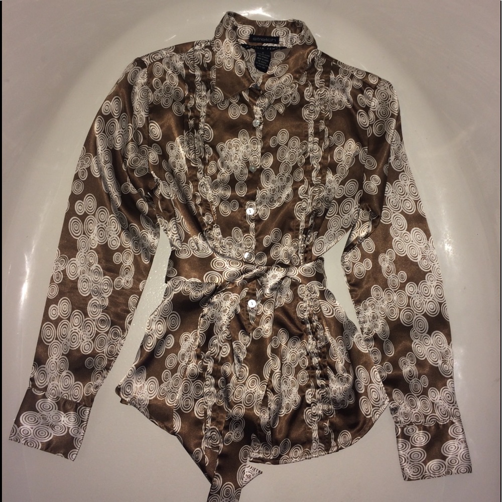 Brown & White Stretch Blouse with Matching Belt